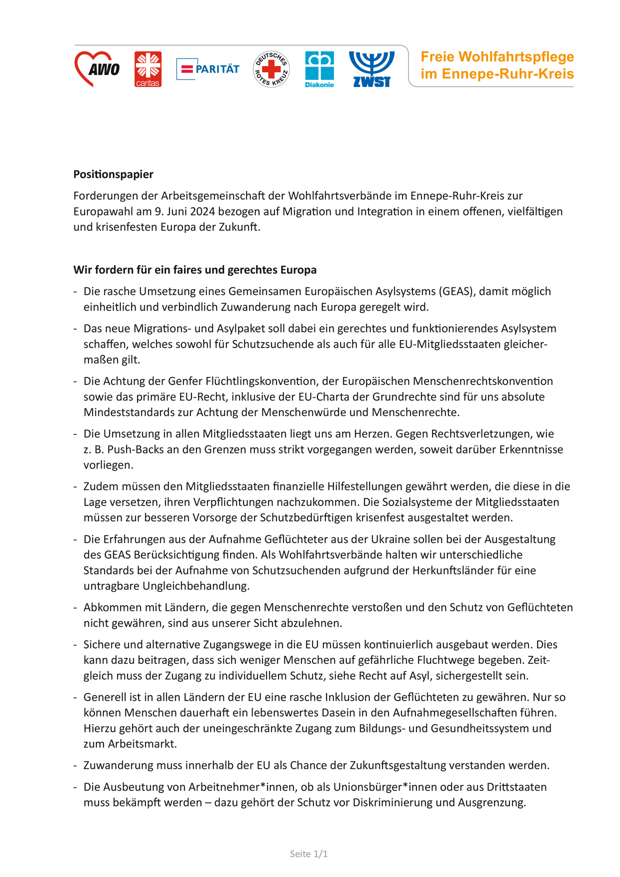 Positionspapier der AG Freie Wohlfahrtspflege im Ennepe-Ruhr-Kreis zur Europawahl, Thema Migration.indd